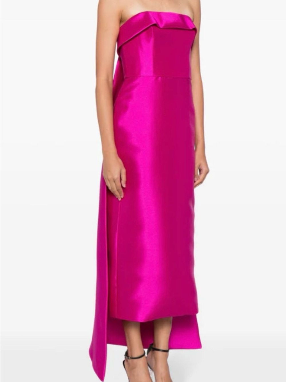 Amsale Hot Pink Mikado Tea Length Dress with Detachable Train/Tail